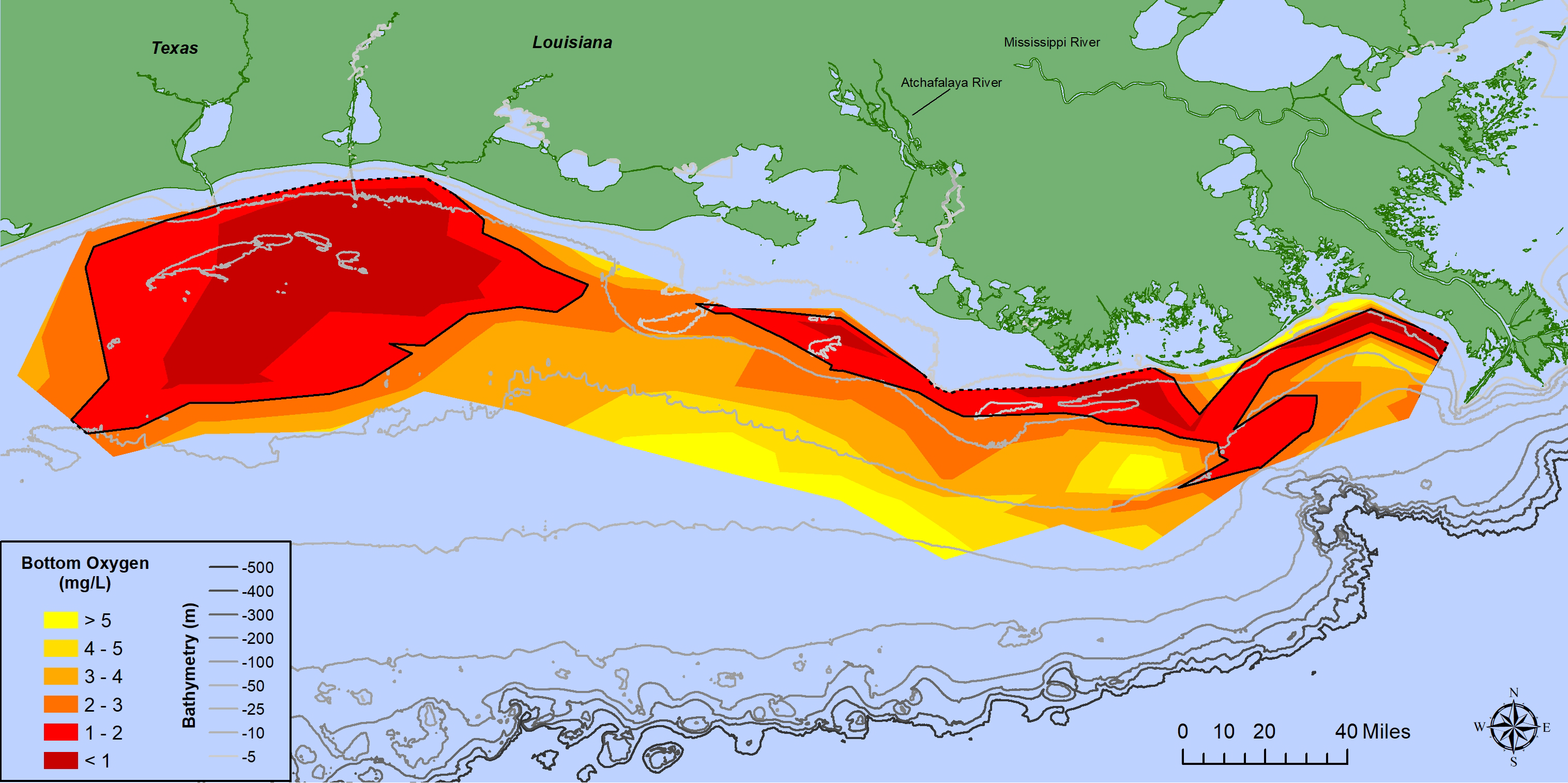 Map of measured Gulf hypoxia zone, July 25-31, 2021.
