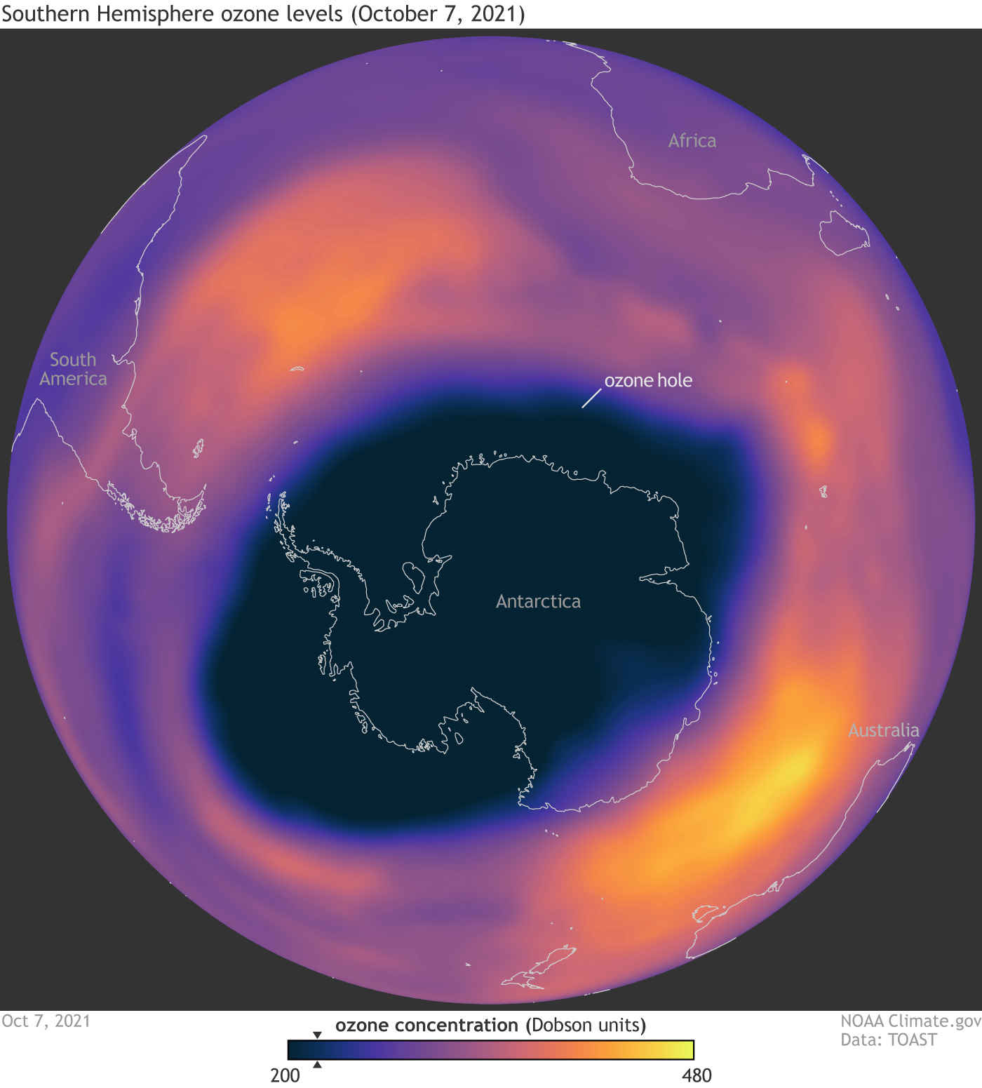 This visualization depicts the ozone hole over Antarctica at its maximum extent on October 7. 2021. Scientists define the "ozone hole" as the area in which ozone levels are depleted below 220 Dobson Units (dark blue, marked with black triangle on color bar). 