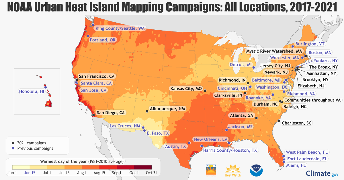 This map shows all of the locations that have participated in the NIHHIS-CAPA Urban Heat Island mapping campaigns from 2018 to present.