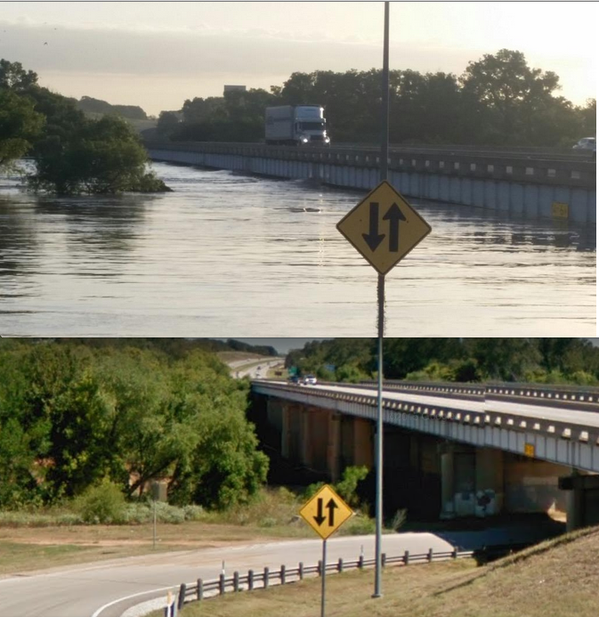 Two photos of the same elevated roadway. The first shows high water just a few feet below the road surface. The second shows no water and reveals that there is actually another road passing under it that had been completely submerged.