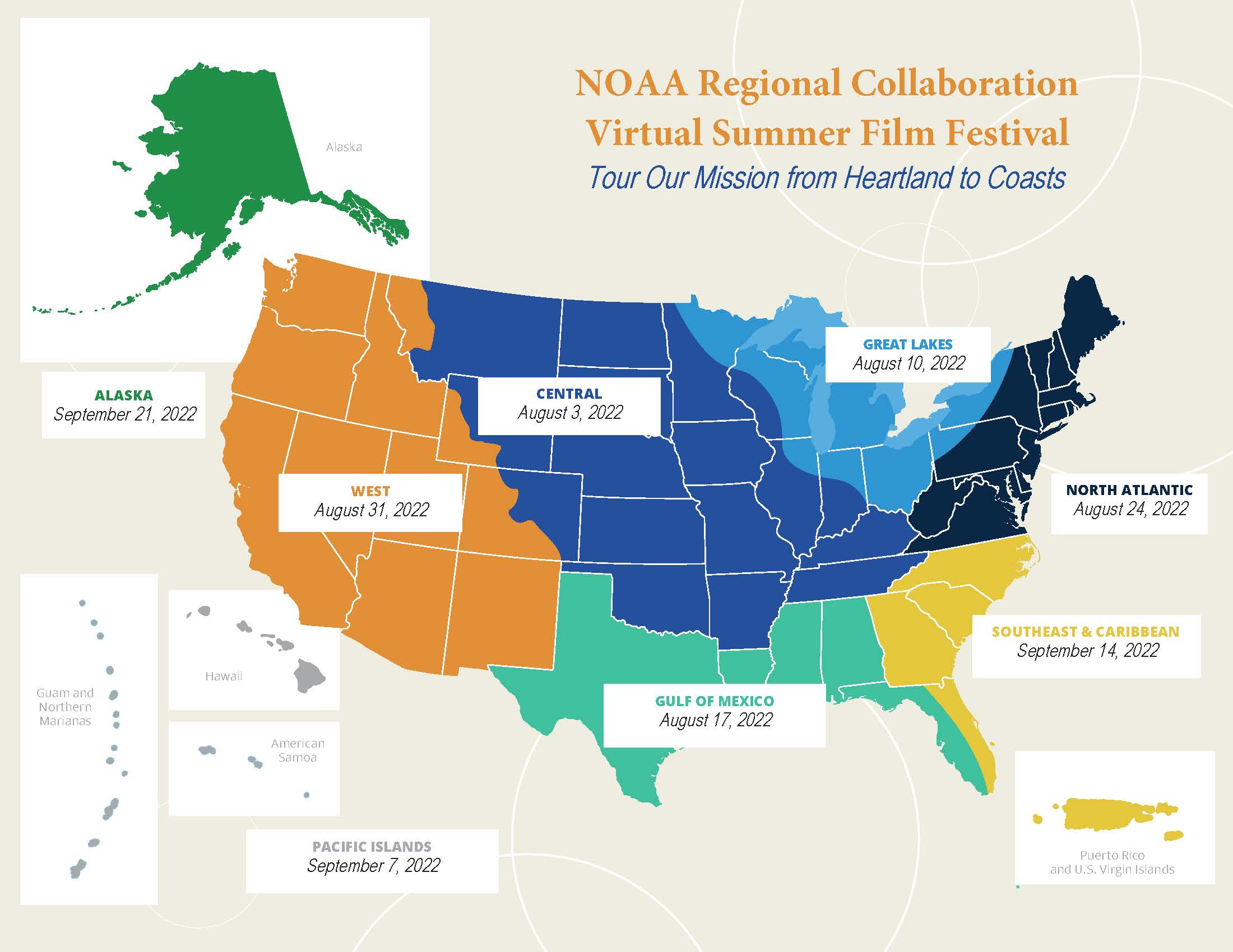 A map showing NOAA's 8 regional focus areas.