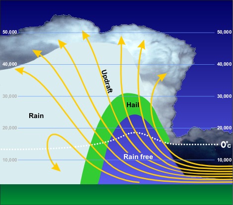 Strong updrafts create a rain-free "vault" underneath the leading edge of a supercell.