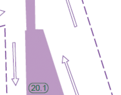 Example of traffic separation zone/line routeing measure in chartlet. Whether a measure is a zone or line is indicated by the thickness of the zone shaded in on the chart