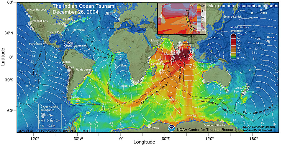 Modeled wave height (colors) and travel times (lines) of the 2004 Indian Ocean tsunami.