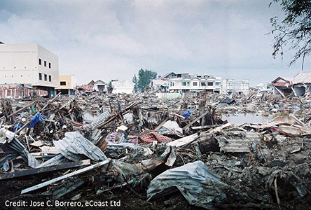 Tsunami damage in Banda Aceh, Indonesia, from the 2004 tsunami.