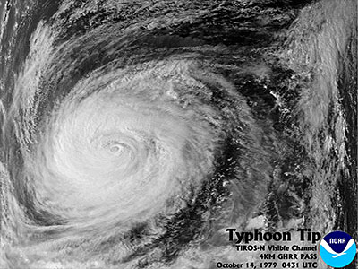 Super Typhoon Tip - The largest tropical cyclone on record with a wind diameter of 1,380 mi (2,220 km).