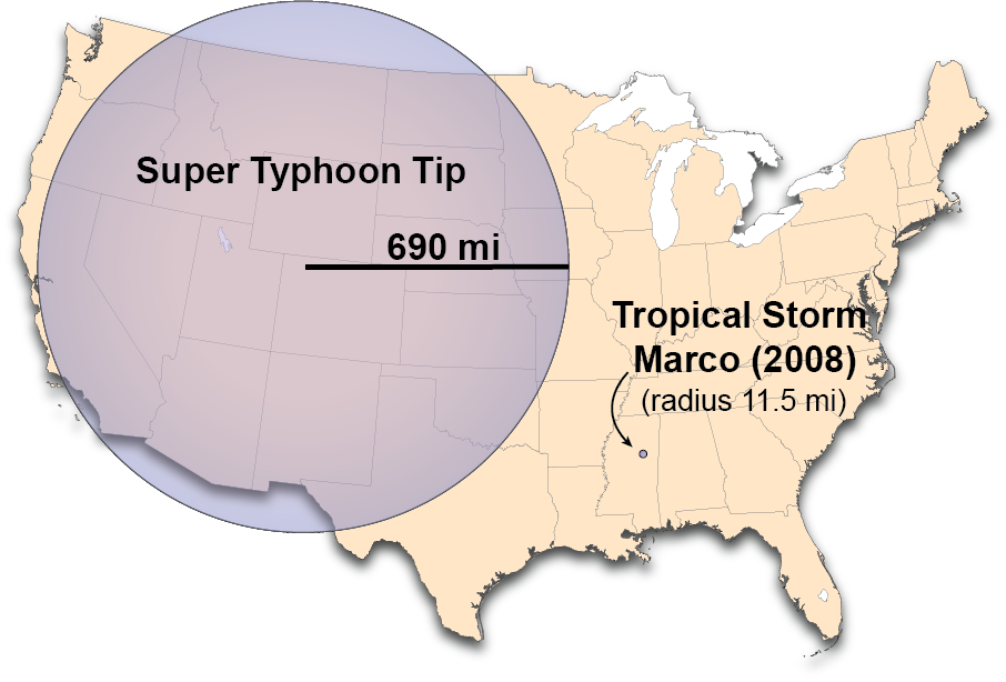 The relative sizes of the largest and smallest tropical cyclones on record as compared to the United States.