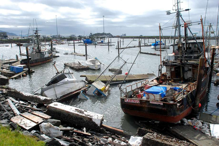 Damage in Crescent City, California, from the 2011 Japan tsunami, about 10 hours after the initial earthquake.