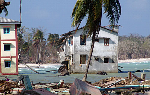 Homes on India's Nicobar Islands permanently submerged due to subsidence from the 2004 Indian Ocean earthquake. Source: