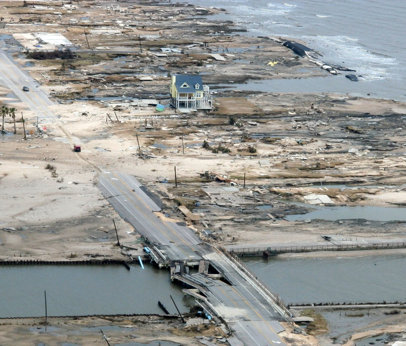 Lone house survives Hurricane Ike. It is reported that this house was rebuilt to withstand a Cat. 5 hurricane after it was destroyed previously by Hurricane Rita in 2005.