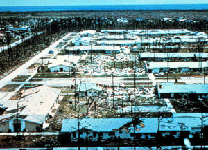 Uneven damage of a building complex from Hurricane Andrew, likely due to a tornad