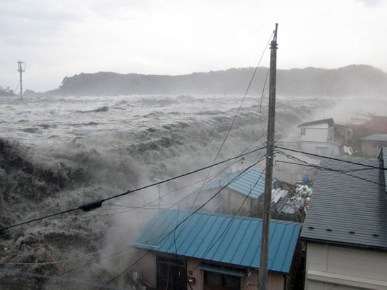 Tsunami striking Miyako, Japan, in 2011. Source: Earthquake Memorial Museum; Iwate Construction Association