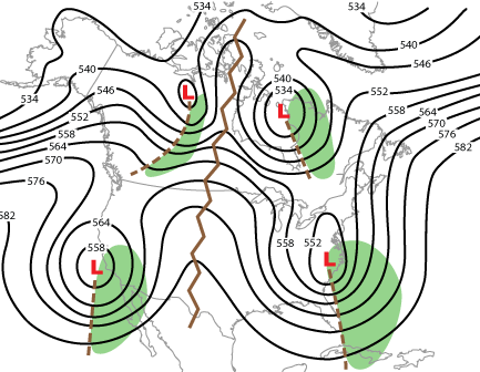 Trough and ridge axis as well as the locations of where the precipitation is likely to occur.