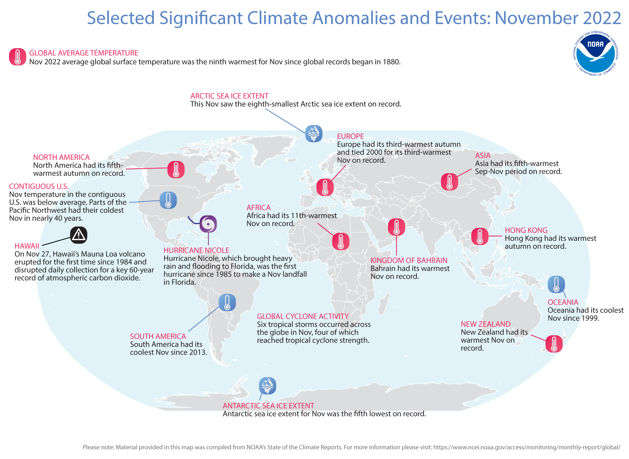 A map of the world plotted with some of the most significant climate events that occurred during November 2022. 