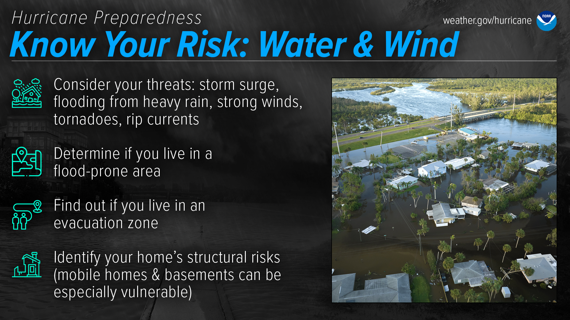 Hurricane Preparedness - Know Your Risk: Water & Wind. Consider your threats: storm surge, flooding from heavy rain, strong winds, tornadoes, rip currents. Determine if you live in a flood-prone area. Find out if you live in an evacuation zone. Identify your home's structural risk (mobile homes & basements can be especially vulnerable) ; Image credit: NOAA's National Weather Service