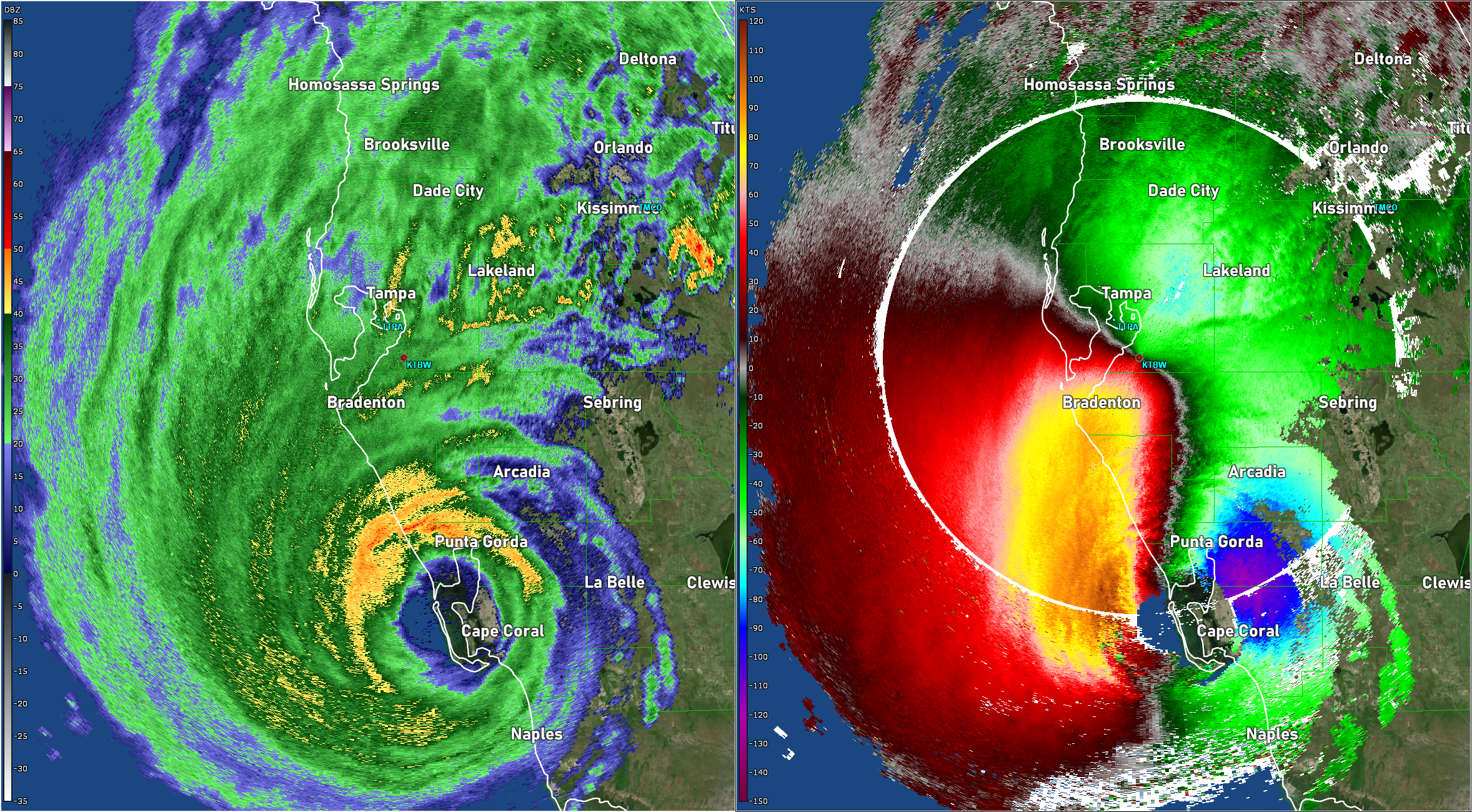 Reflectivity (left) and velocity (right) of landfalling Hurricane Ian sampled by the Tampa Bay, FL WSR-88D scanning in VCP 112 on September 28, 2022. 