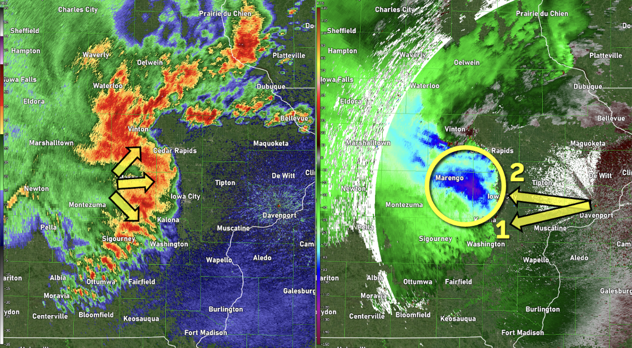 Left): Base reflectivity from a derecho moving through eastern Iowa as sampled by the Davenport, Iowa radar on August 10, 2020. The bow shape in the reflectivity is often an indicator of strong winds. (Right): The base velocity product that corresponds to the reflectivity image. The blue colors are indicative of winds in excess of 90 mph. Remember that greens/blues are winds blowing toward the radar.