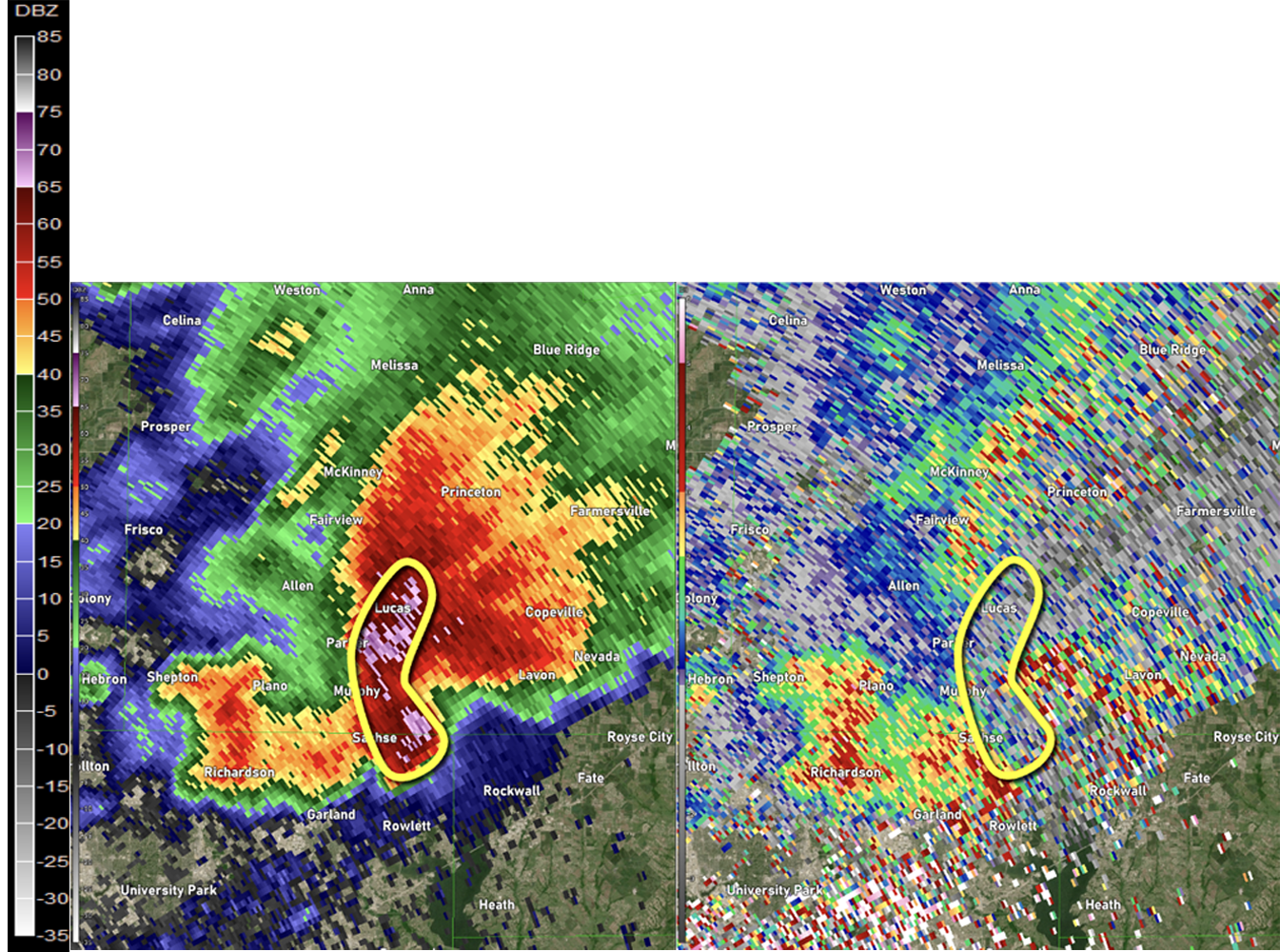 (Left): Base Reflectivity (Z) from a supercell thunderstorm near Wylie, Texas on April 11, 2016. Notice the very high reflectivity values > 65 dBZ outlined in yellow. (Right): 