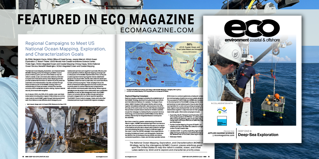 Features a Magazine Spread of the NOMEC Article, images include the map of unmapped waters, overlaid by an image of a ROV launch and the cover page of the ECO Mazing edition. 