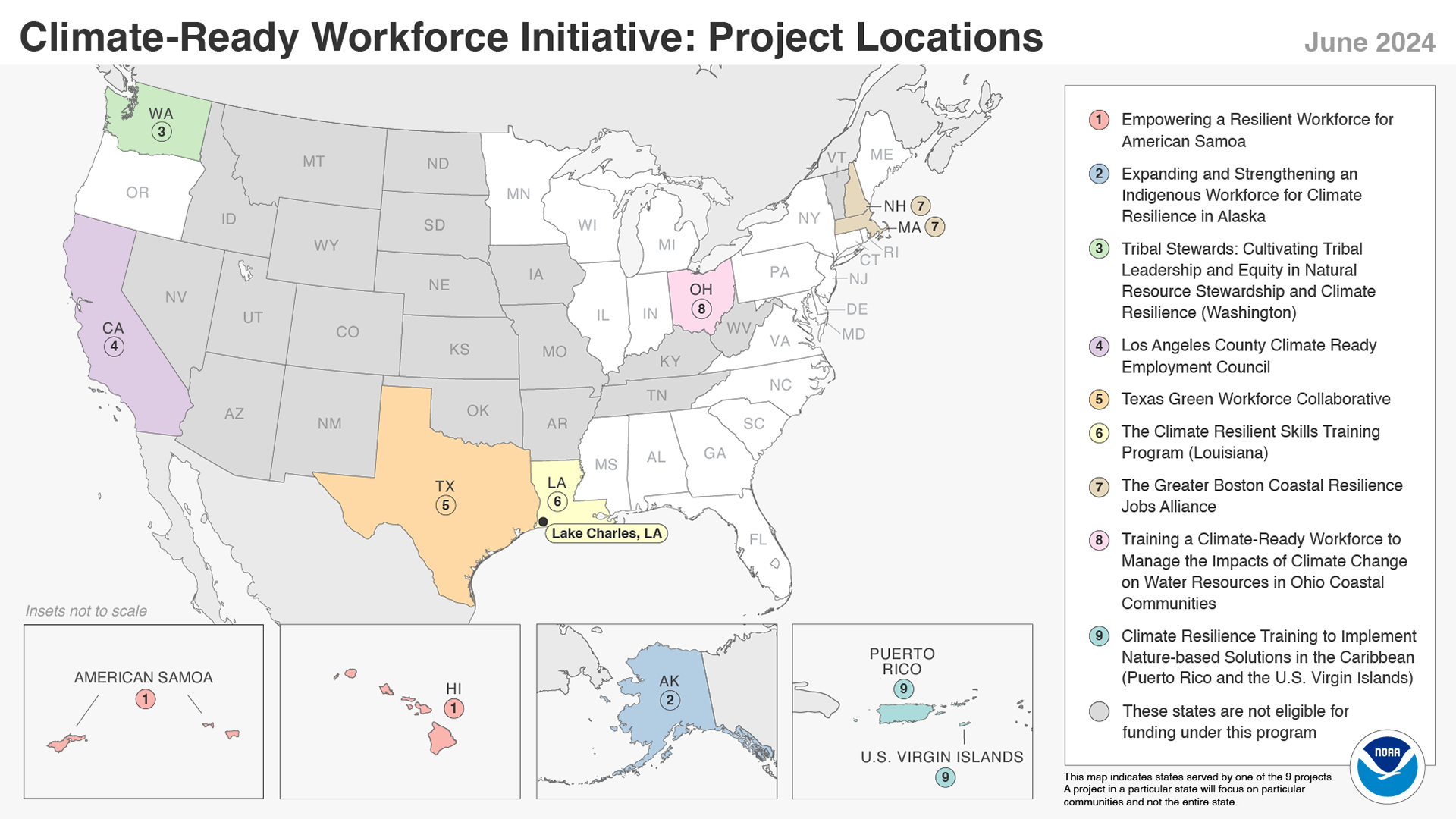 Map showING the coastal and Great Lakes states and U.S. territories where nine Climate-Ready Workforce projects will develop worker training that leads to job placement for Americans over the next four years. The workers will be placed in good jobs focused on building climate resilience in their communities. Jobs will be created in each of the states and territories shown on the map. (NOAA)