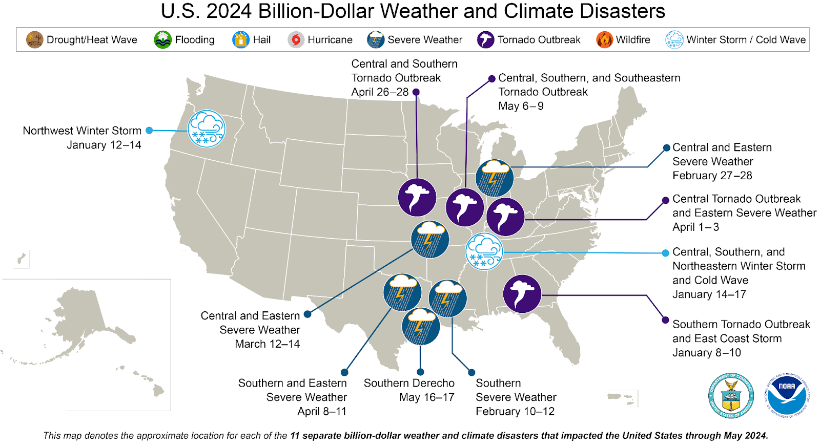 A map of the U.S. plotted with 11 weather and climate disasters each costing $1 billion or more that occurred between January and May, 2024. 