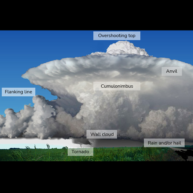Idealized image of a supercell thunderstorm. There are several labeled elements: overshooting top, flanking line, wall cloud, cumulonimbus clouds, anvil, rain and/or hail, wall cloud, and tornado.