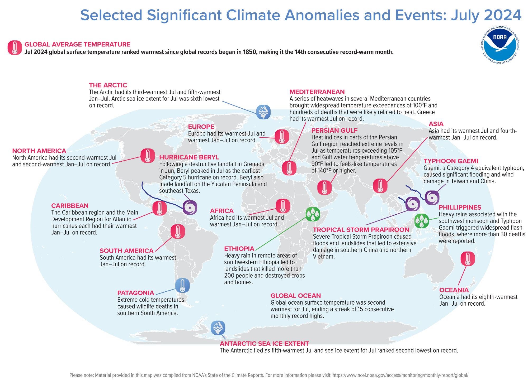 An annotated map of the world plotted with the most significant climate events of July 2024. See the story below as well as the report summary from NOAA NCEI at http://bit.ly/Global202407.