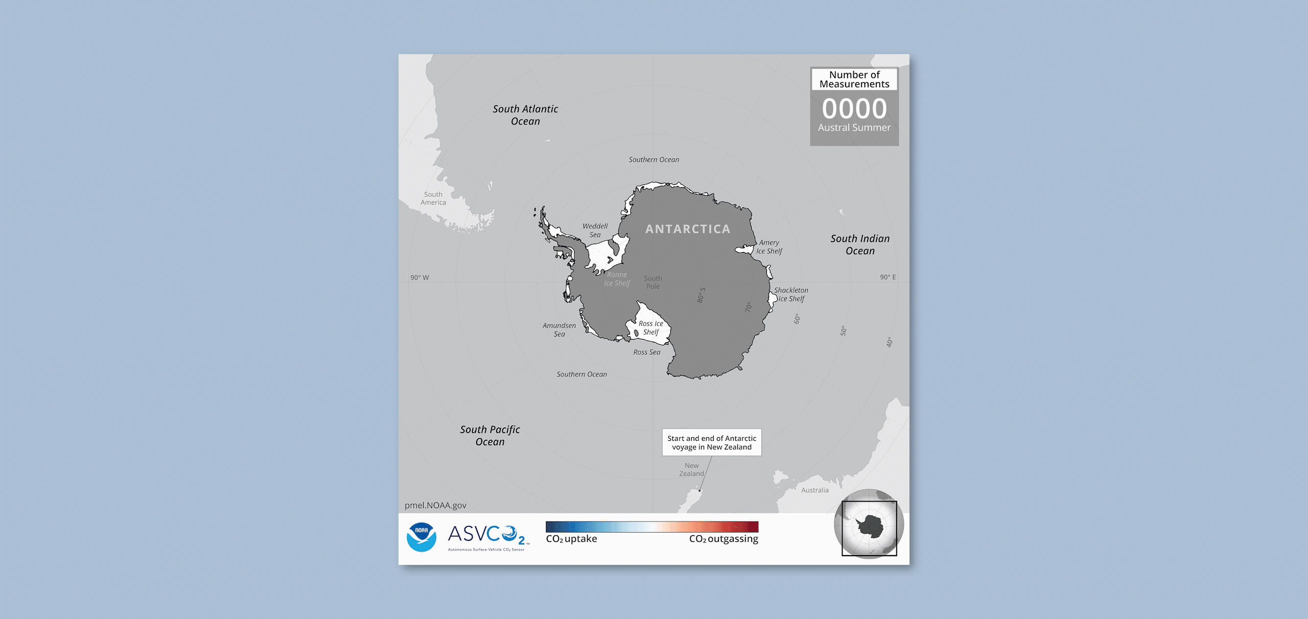 Animation showing NOAA's Pacific Marine Environmental Laboratory saildrone's landmark 13,670–mile mission around Antarctica.