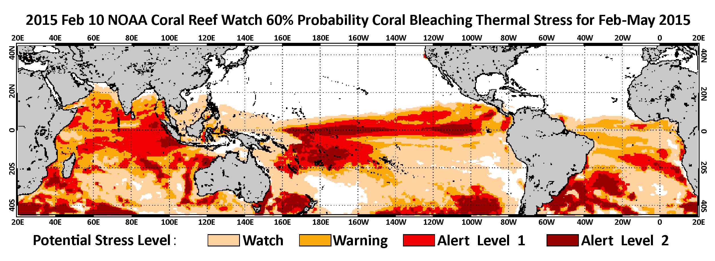 NOAA Coral Reef Watch’s newly-released four-month bleaching outlook indicates the greatest threat for coral bleaching through May 2015 is in the western Pacific and Indian Oceans in areas such American Samoa, Samoa, Western Australia, and Indonesia. 