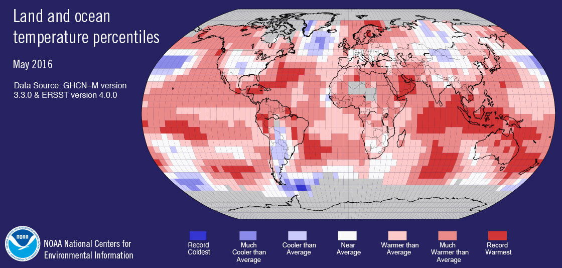 May 2016 global land and ocean temperature percentiles