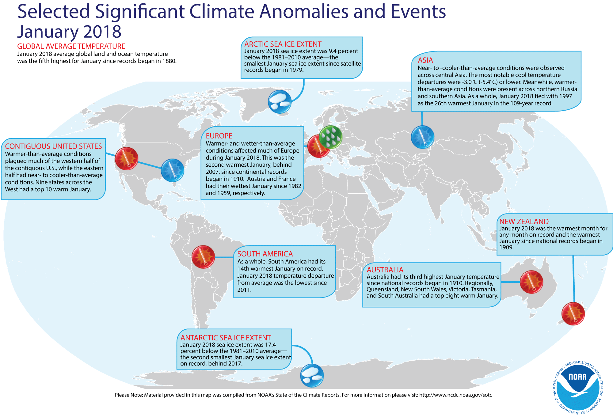 An annotated map of the globe showing notable climate events that occurred in January 2018. For details, see bulleted list below in our story and also visit the NCEI report webpage at http://bit.ly/Global201801. 