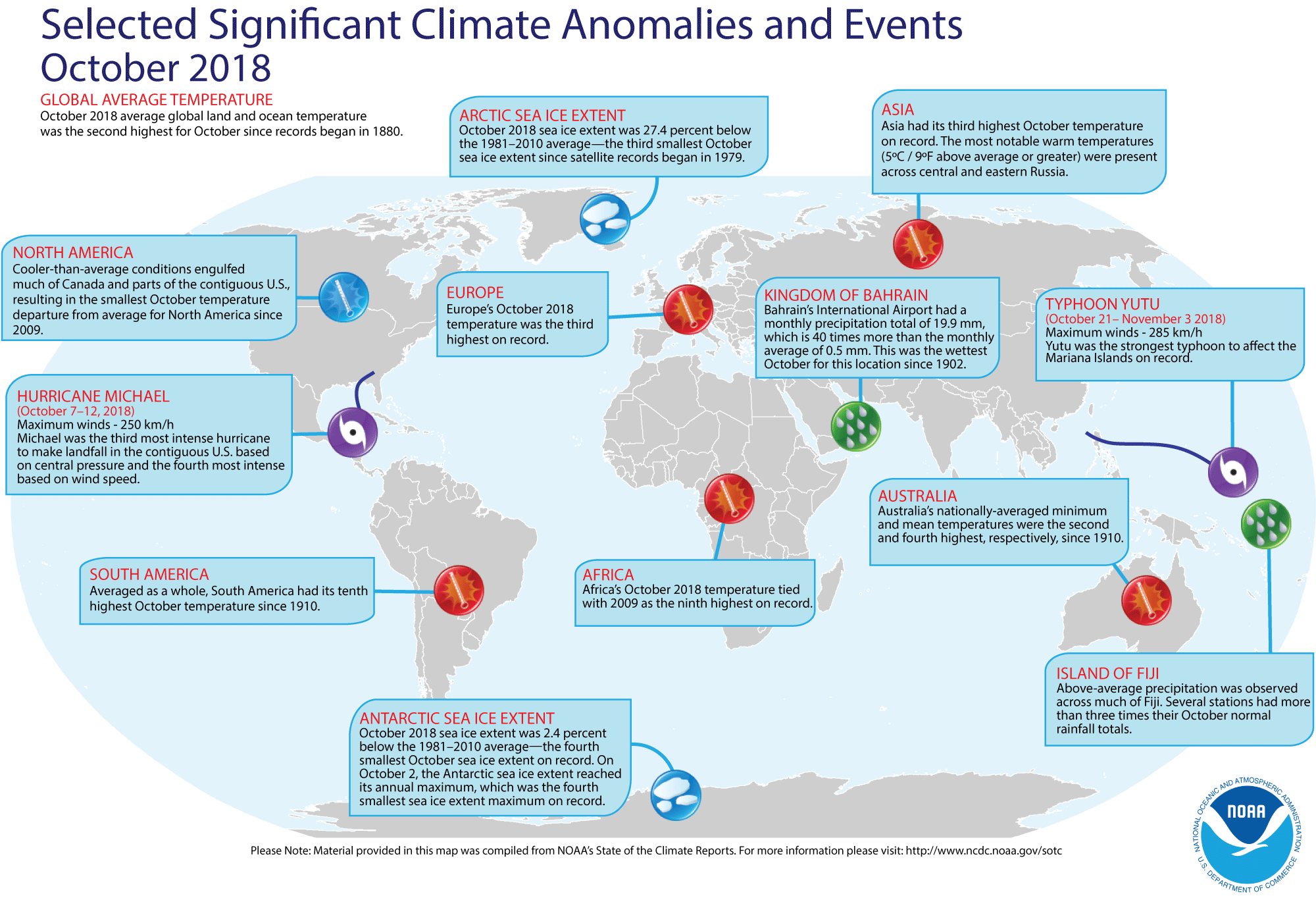 An annotated map of the world showing notable climate events that occurred in October 2018. For details, see the bulleted list below in our story and on the Web at http://www.ncdc.noaa.gov/sotc/global/2018/10.