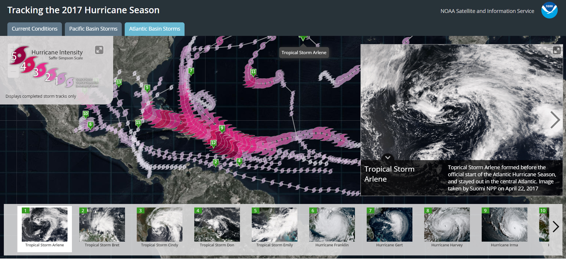 The ESRI Storm Tracker App shows development, intensity,     
track, and true-color imagery of every named storm.