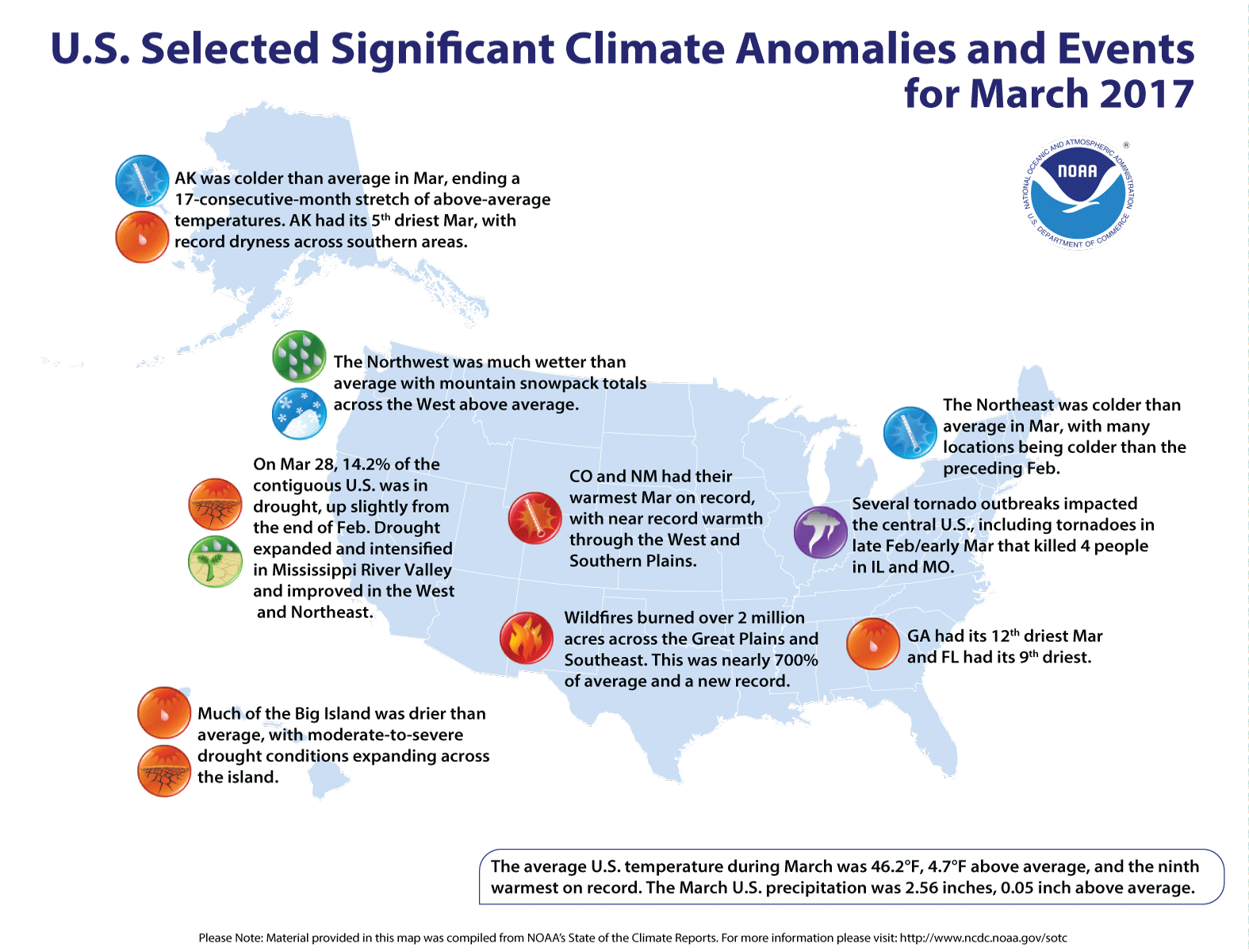Map: See these notable climate events that occurred across the United States during March 2017.