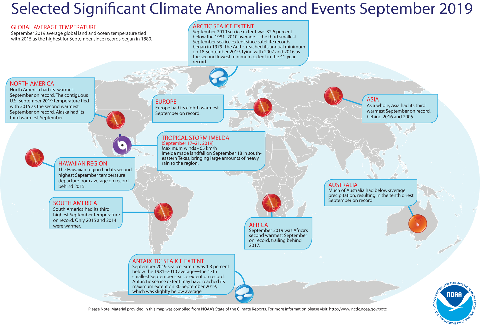 An annotated map showing notable climate events that occurred around the world in September 2019. For details, see the short bulleted list below in our story and at http://bit.ly/Global201909.