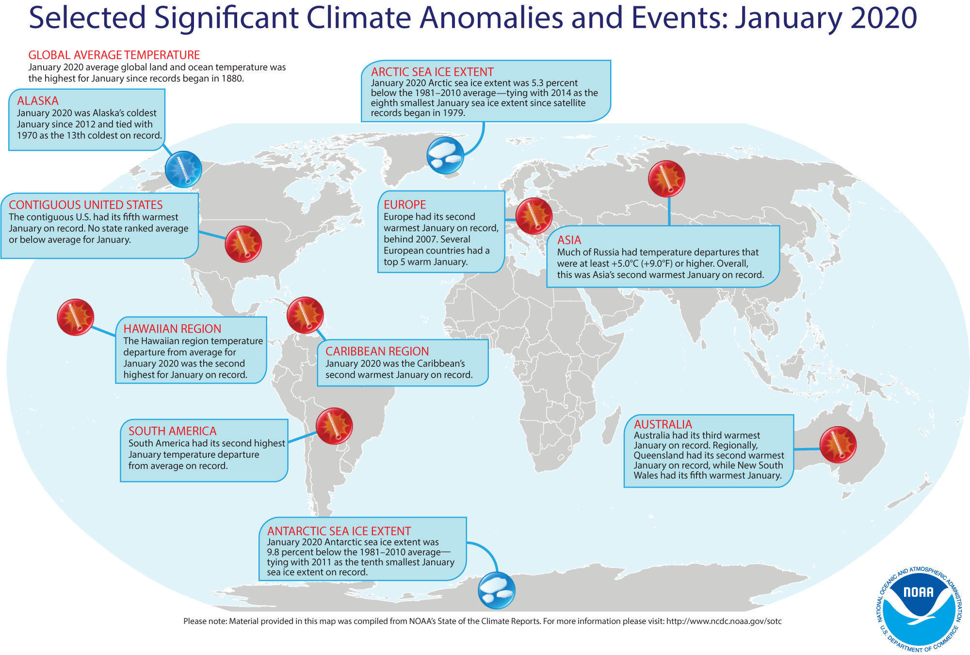 A map of the world noting some of the most significant weather climate events that occurred during January 2020. For more details, see the bullets below in this story and at http://bit.ly/Global202001.