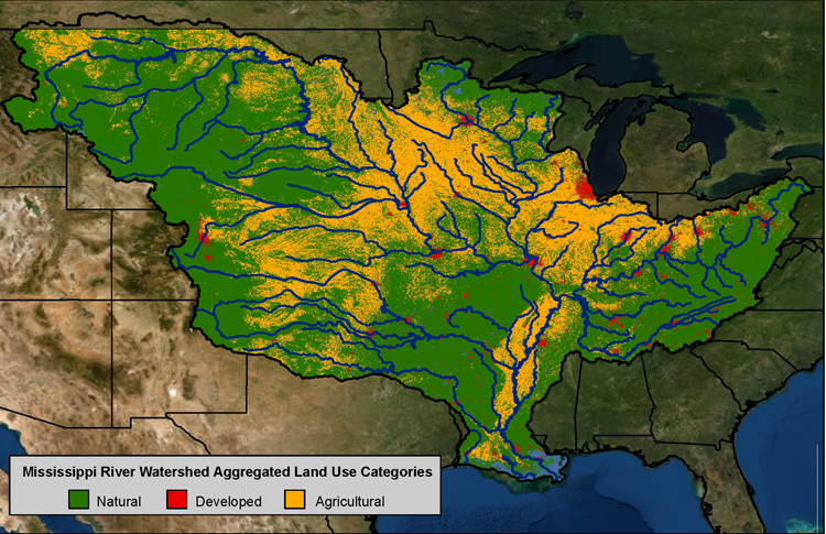 The Mississippi River watershed encompasses over 40% of the continental U.S and crosses 22 state boundaries. Nitrogen and phosphorus pollution in runoff and discharges from agricultural and urban areas are the major contributors to the annual summer hypoxic zone in the Gulf of Mexico.