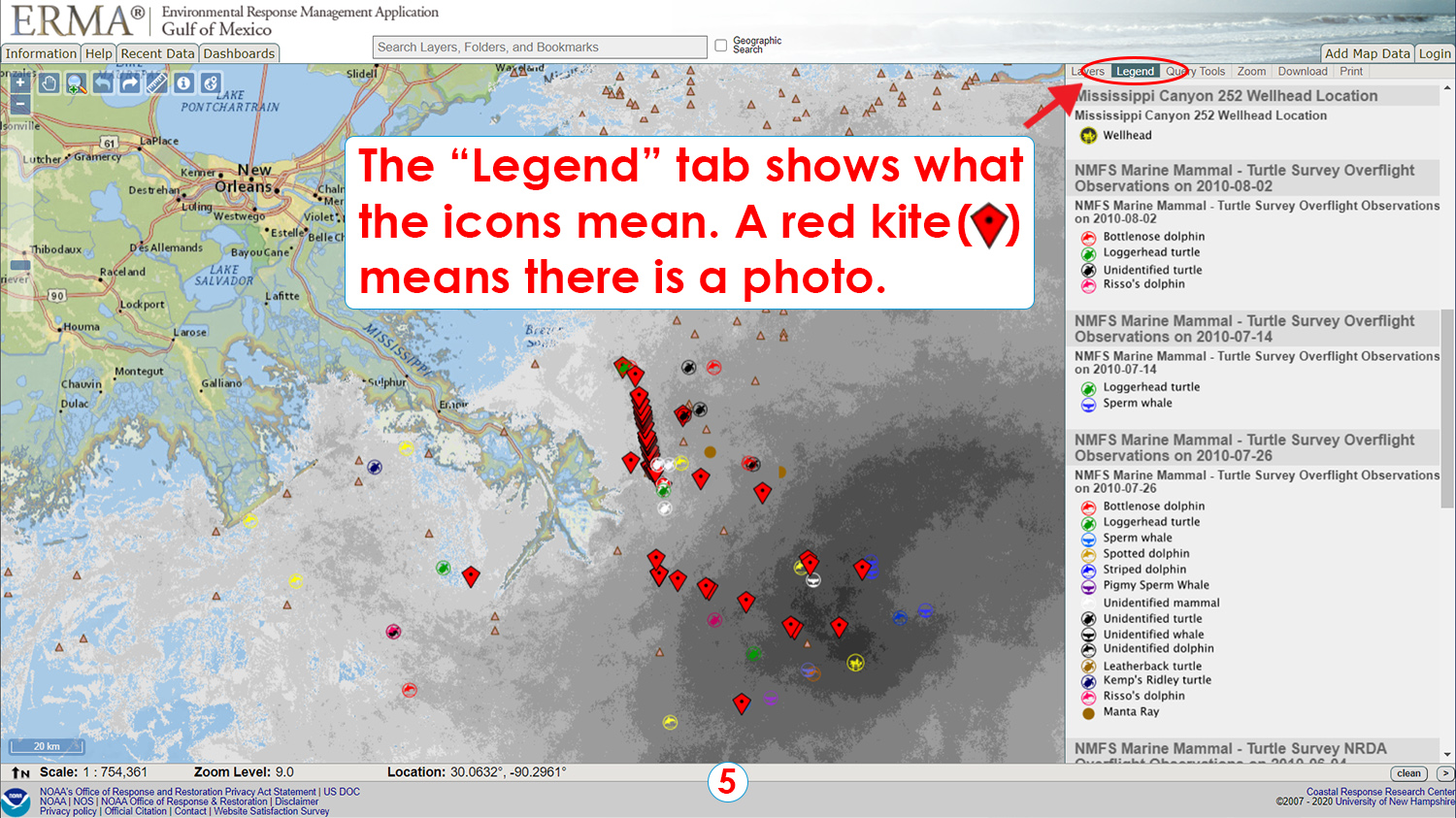 Step 5: The "Legend" tab shows what the icons mean. A red kite (red diamond shape with a black dot in the center) means there is a photo. 