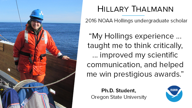 A photo of 2016 NOAA Hollings undergraduate scholar Hillary Thalmann alongside her quote " My Hollings experience ... taught me to think critically, ...  improved my scientific communication, and helped me win prestigious awards." Under the quote is her current job: PhD student at Oregon State University.