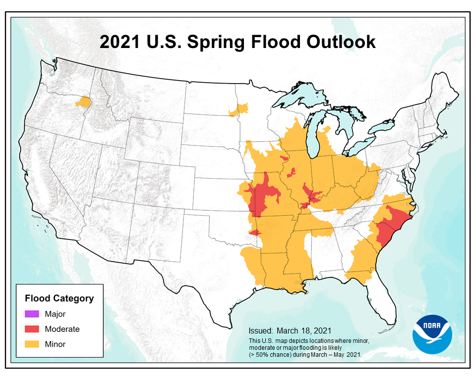 This map depicts the locations where there is a greater than 50 percent chance of moderate or minor flooding during March through May 2021.