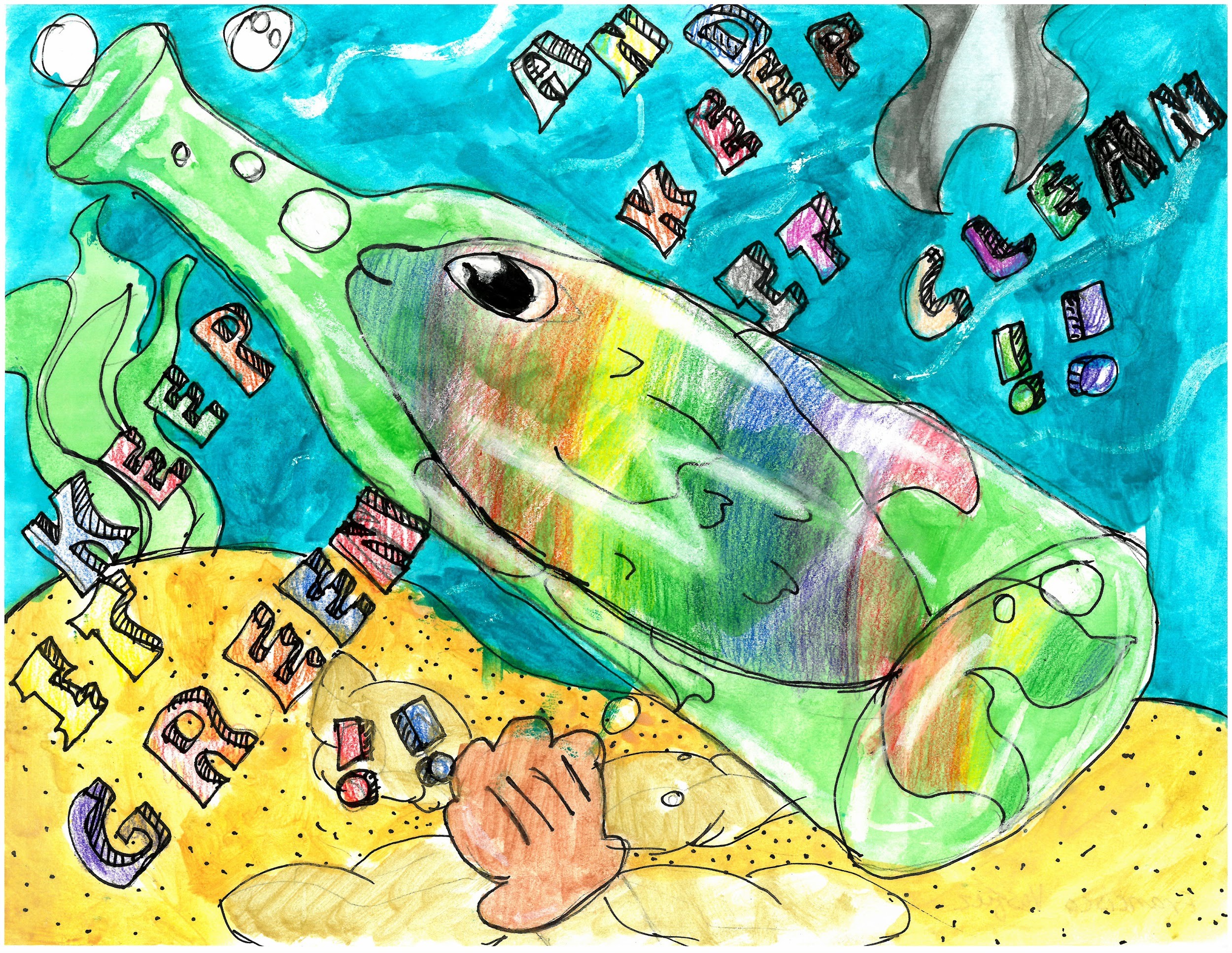 Text: Keep it green and keep it clean. Image: Child’s artwork depicting a fish stuck in a bottle that rests on the sandy ocean floor.