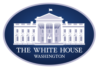 White House Logo -image of white house in blue oval with the words The White House Washington below. 