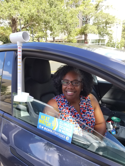 Photo of Stacy Washington as she gets ready to take part in the NOAA-supported Columbia, South Carolina, urban heat island mapping campaign on August 3, 2022. Washington and other volunteers collected heat data using a sensor attached to a car. The data was then used to create detailed maps of urban heat islands.