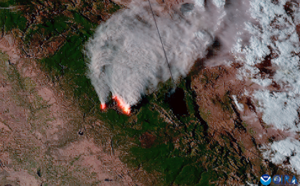 Image showing the Mosquito Wildfire burning in California as seen from NOAA’s GOES-18 satellite on September 13, 2022.