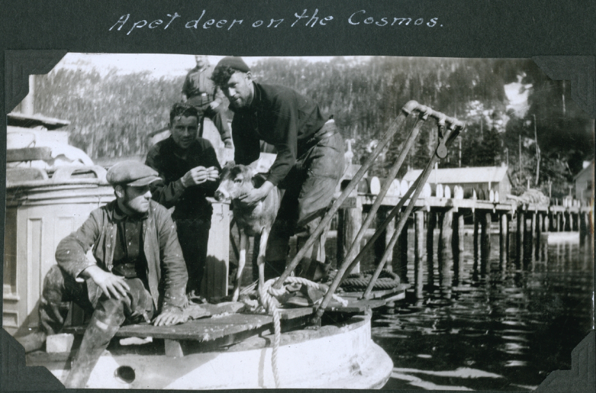 Four crew members of the USC&GSS Cosmos gather around their pet deer on the aft of the launch.