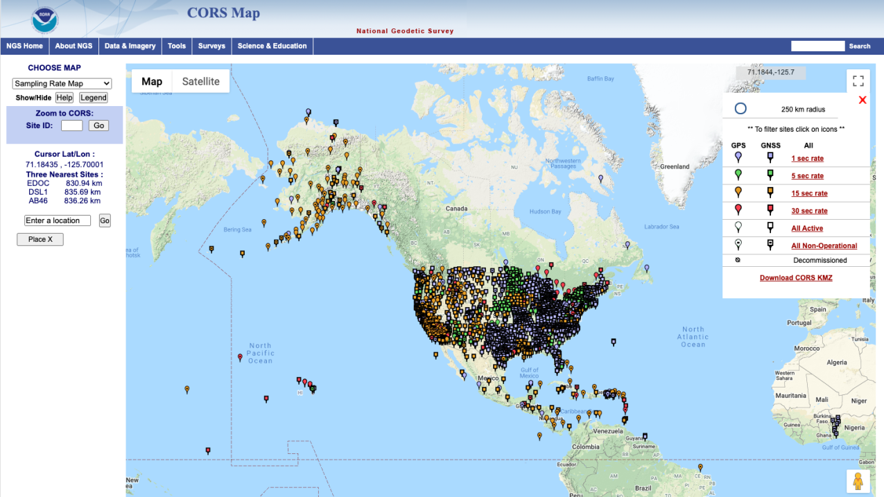 Screenshot of NOAA Continuously Operating Reference Stations (CORS) map interface