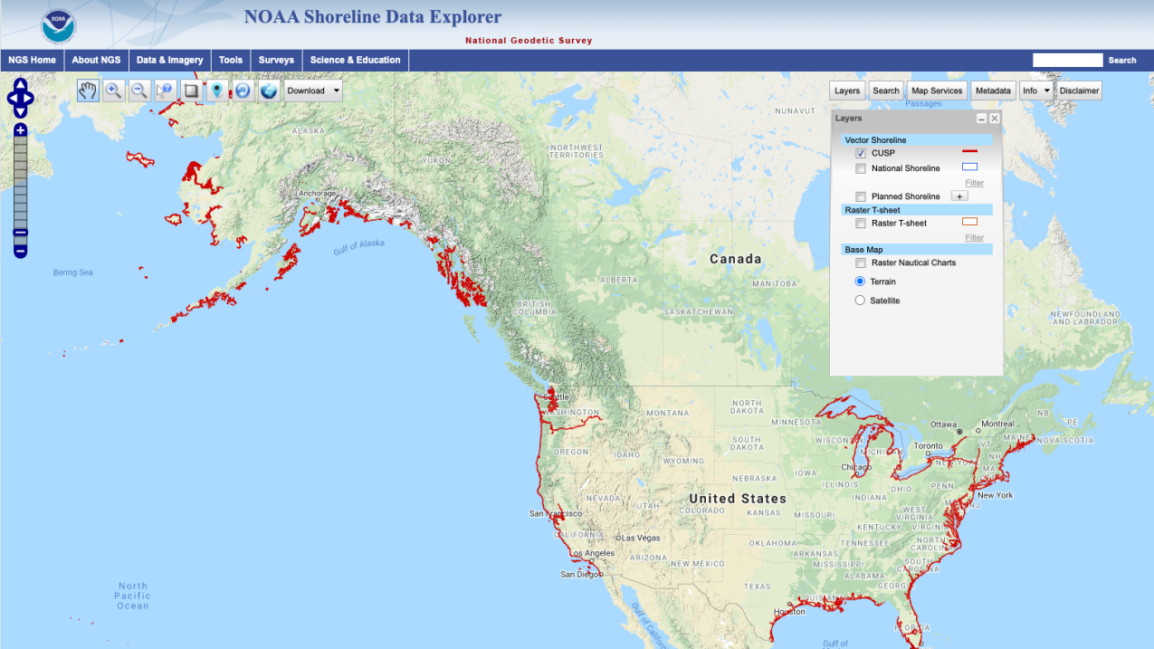 Screenshot of NOAA Shoreline Data Explorer tool interface