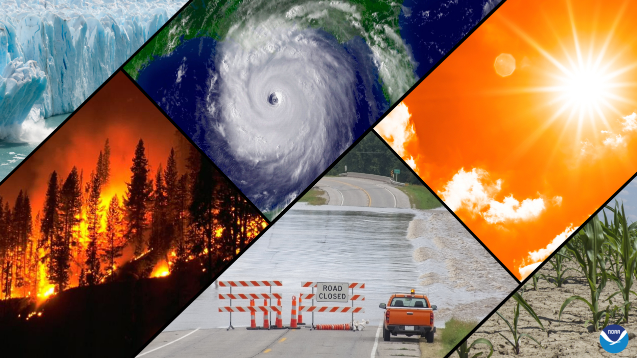 A collage of typical climate and weather-related events: floods, heatwaves, drought, hurricanes, wildfires and loss of glacial ice. 