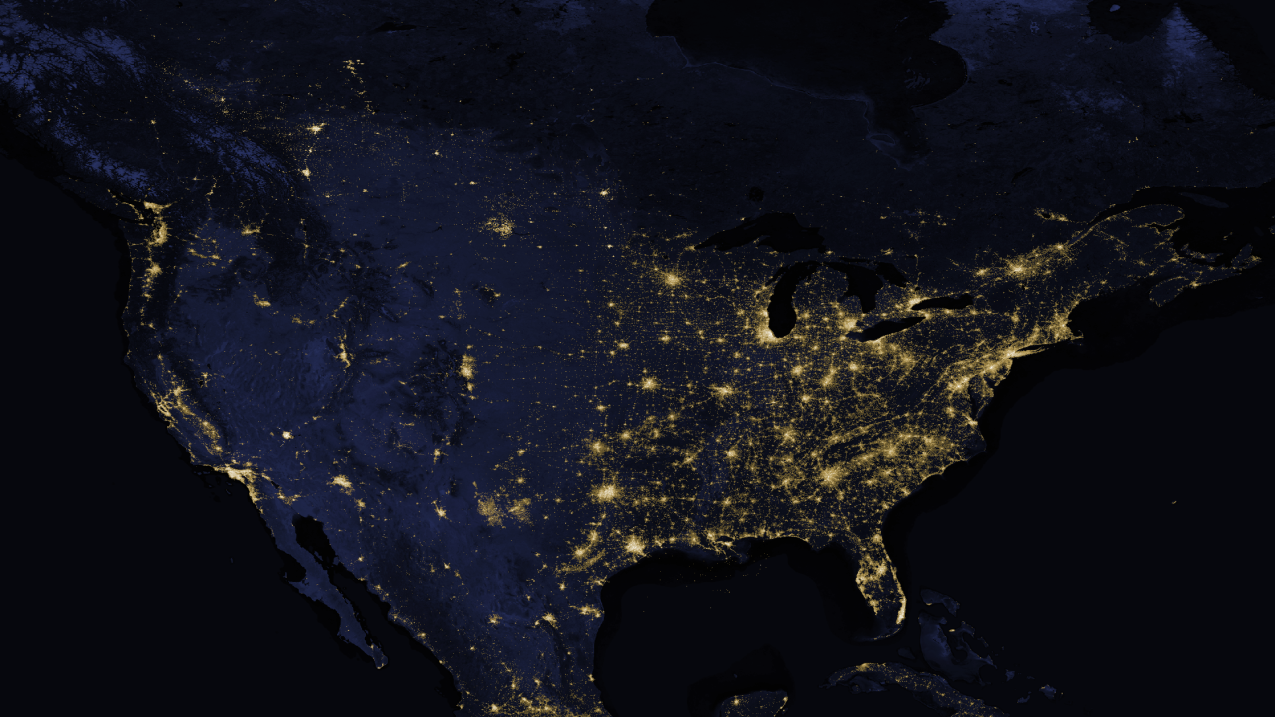 A nighttime lights image from 2020 of the contiguous U.S. from the NOAA/NASA Suomi-NPP satellite's Day-Night Band. 