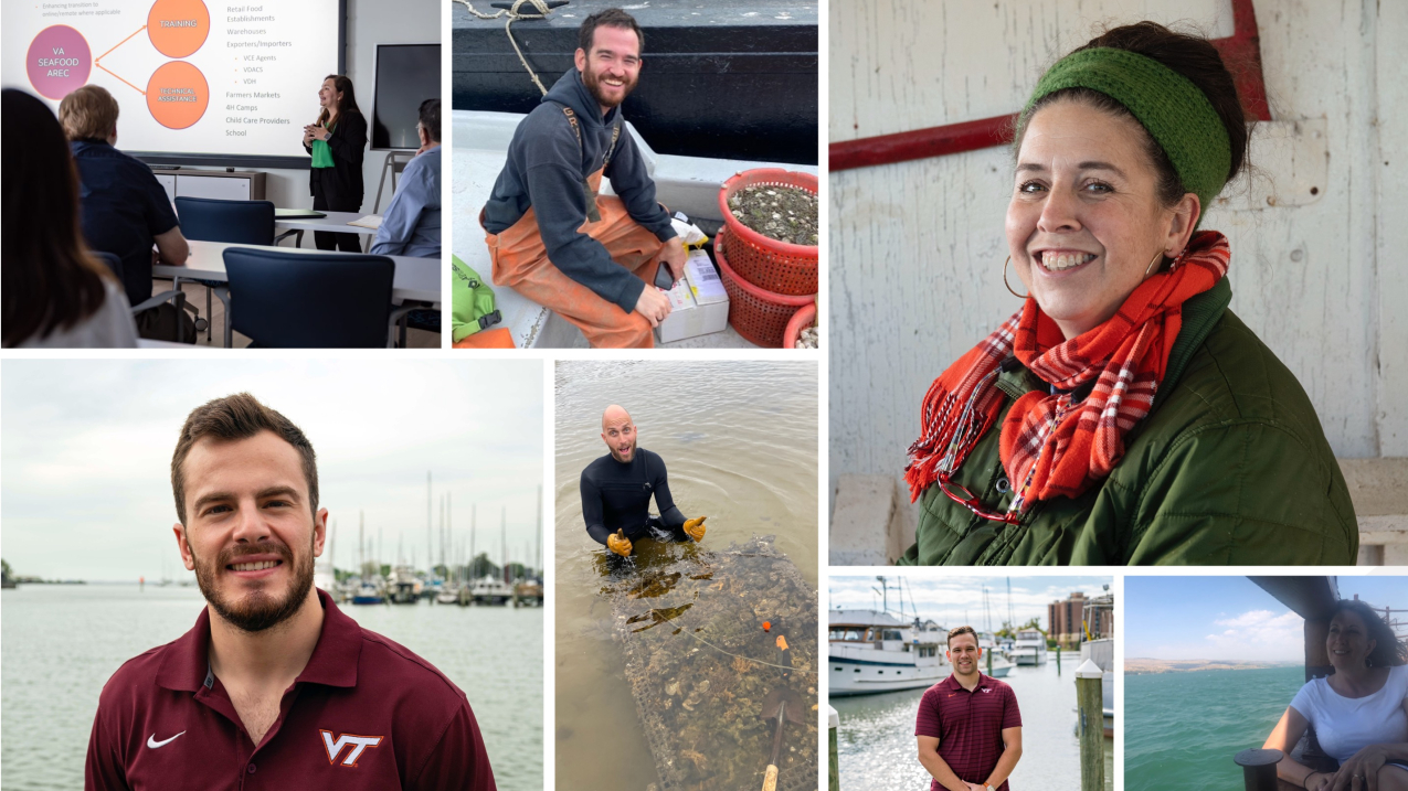 A grid of photos of seafood experts. Left: Katheryn Parraga (top), Charles Clark (bottom); Middle: Bay McLaughlin; Right: Noah Boldt (top), Wendy Stout (bottom).